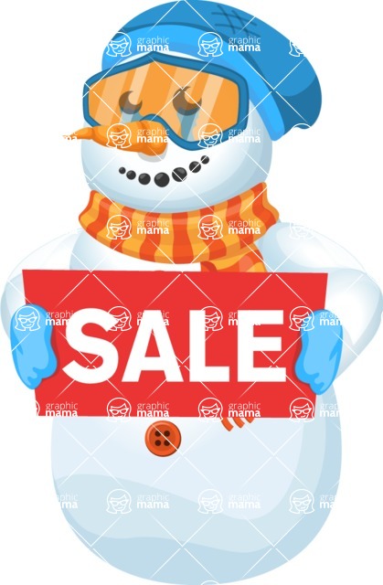 Snowman Cartoon Vector Character - Winter Cartoon Character with Sale Sign
